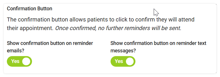 How do I disable or enable the confirmation button in reminder emails - shows the setting within the edit event type panel to disable or enable confirmation buttons in emails and text messages.